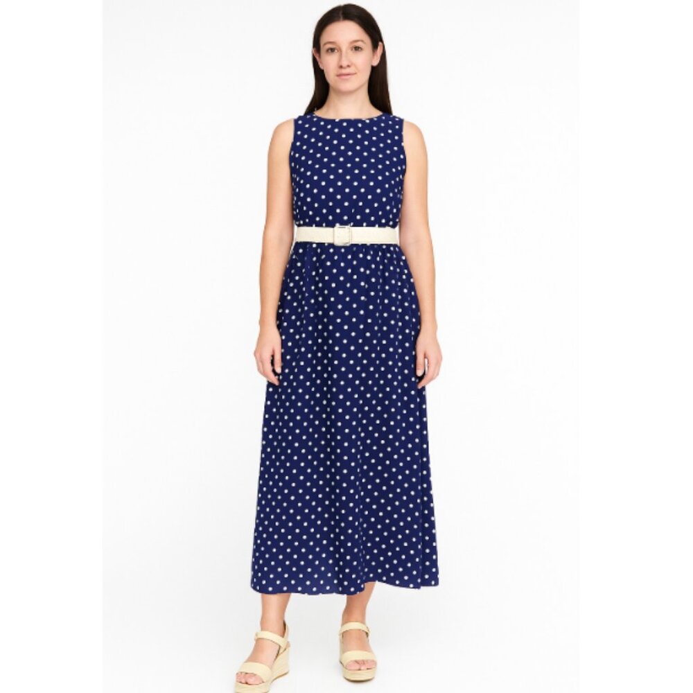 Sleeveless, navy and white polka-dot maxi dress.  Size Small